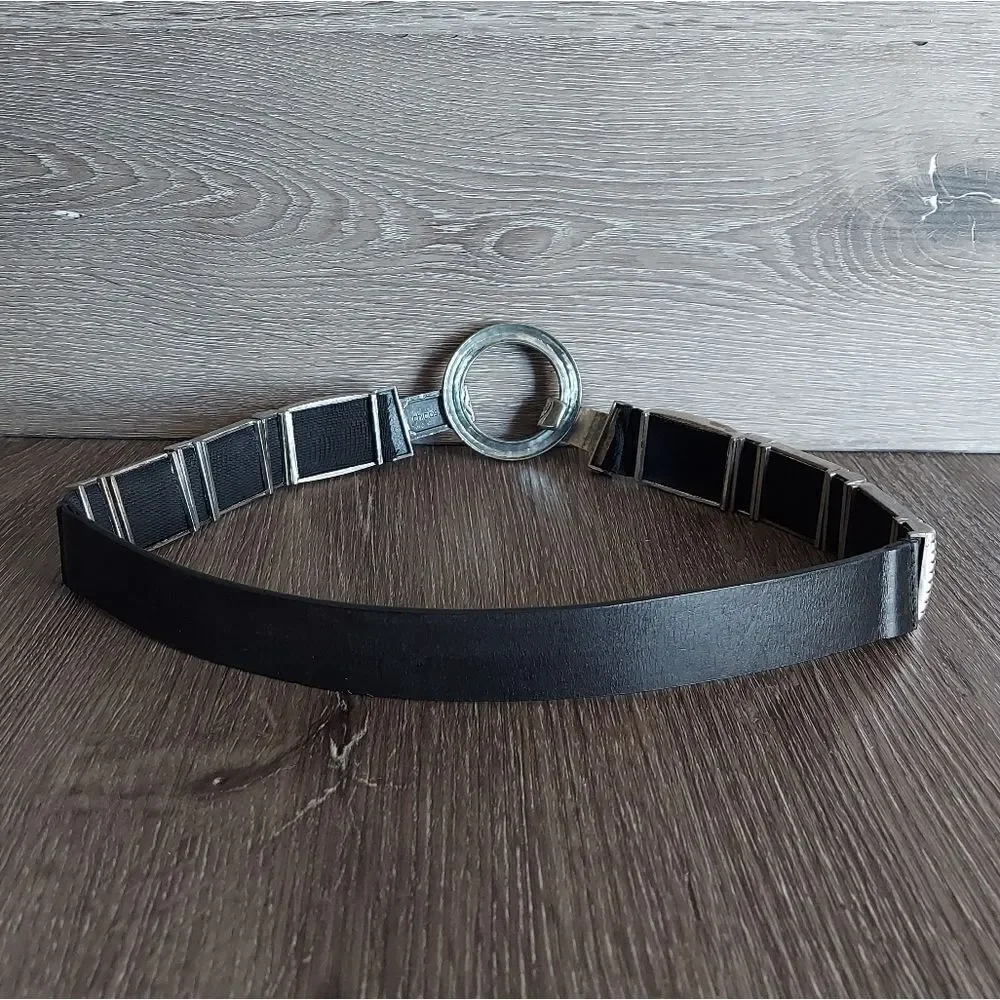 Chicos Black Leather Belt w/ Heavy Silver Black Blocks on Elastic sz Small